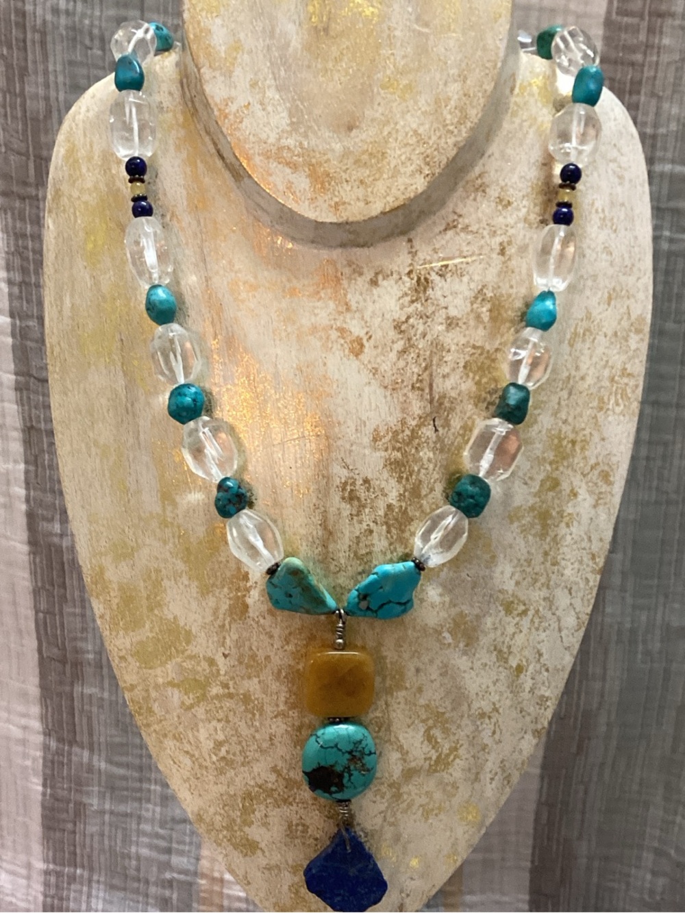 Natural stone necklace, possible turquoise, clear quartz & lapis earthcore